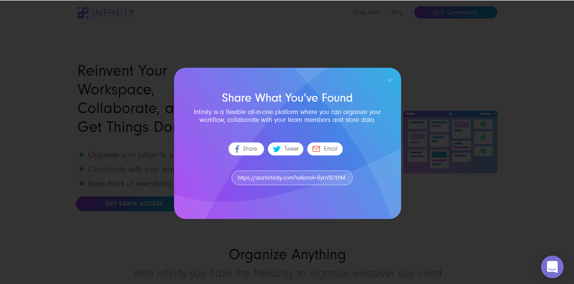 Infinity's pre-launch sharing widget