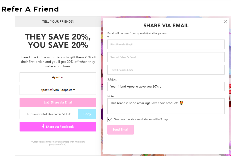 Lime Crime's referral page. It's easy to sign up and share.