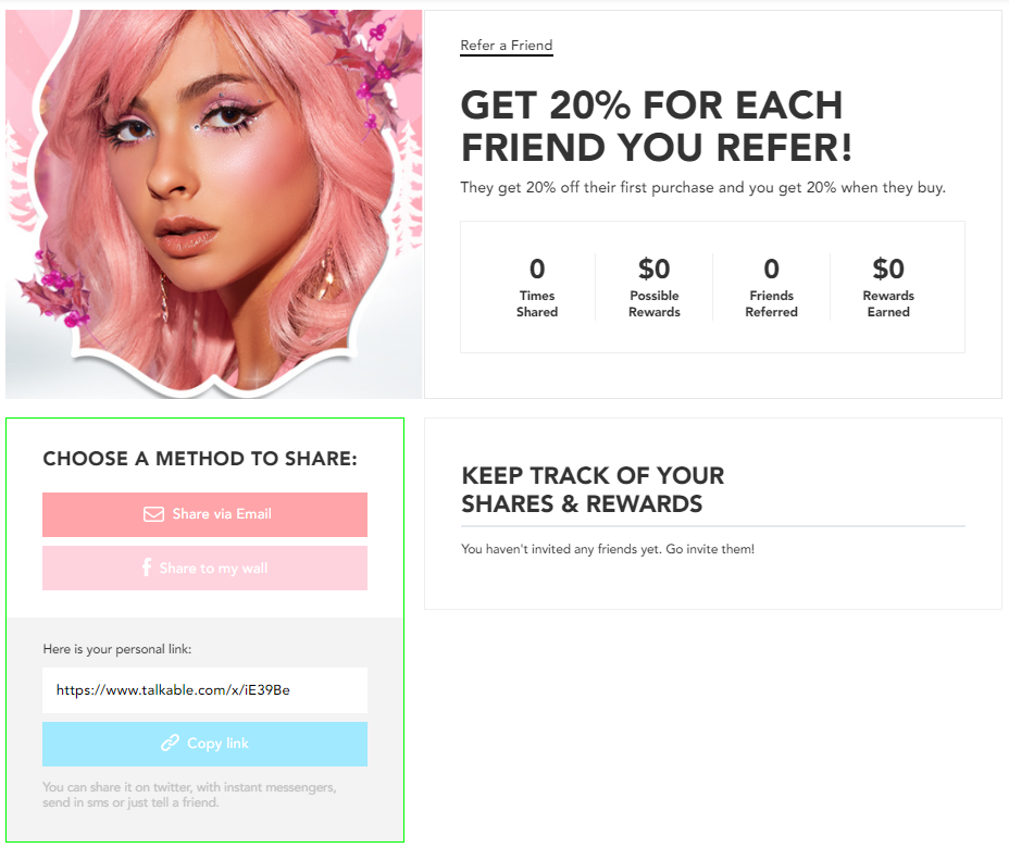 The referral section in Lime Crimes account page.