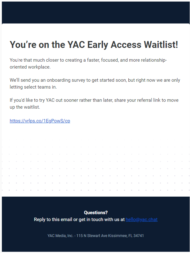 Yac's welcome email for prelaunch participants