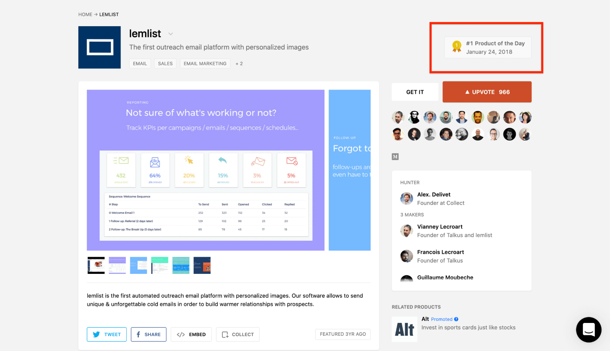 Lemlist Launch on Product Hunt