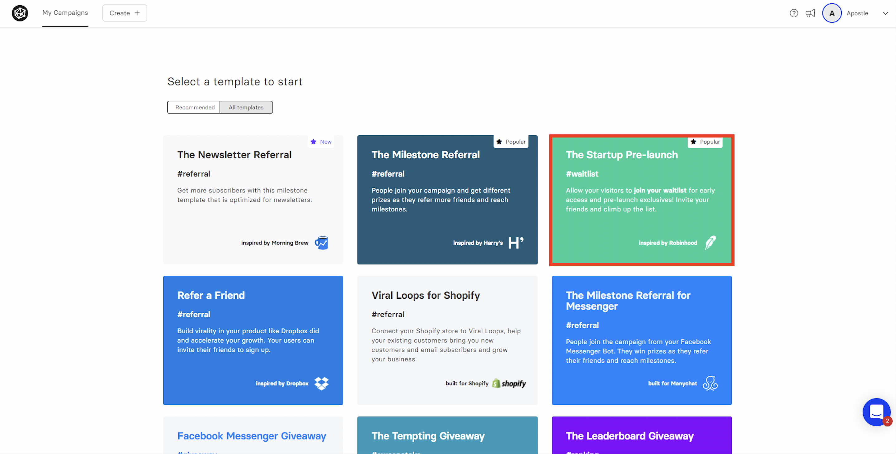 Select Template for Viral Loops campaign