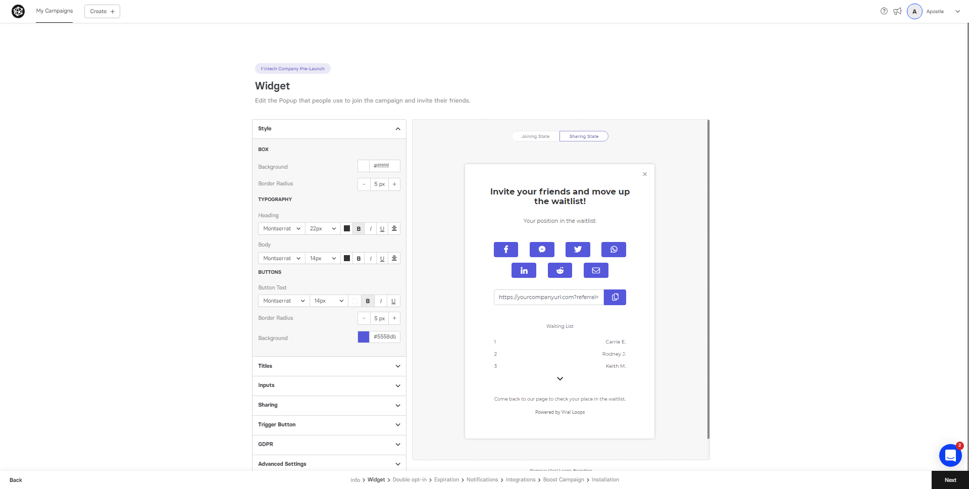 Viral Loops Widget customization-sahring state