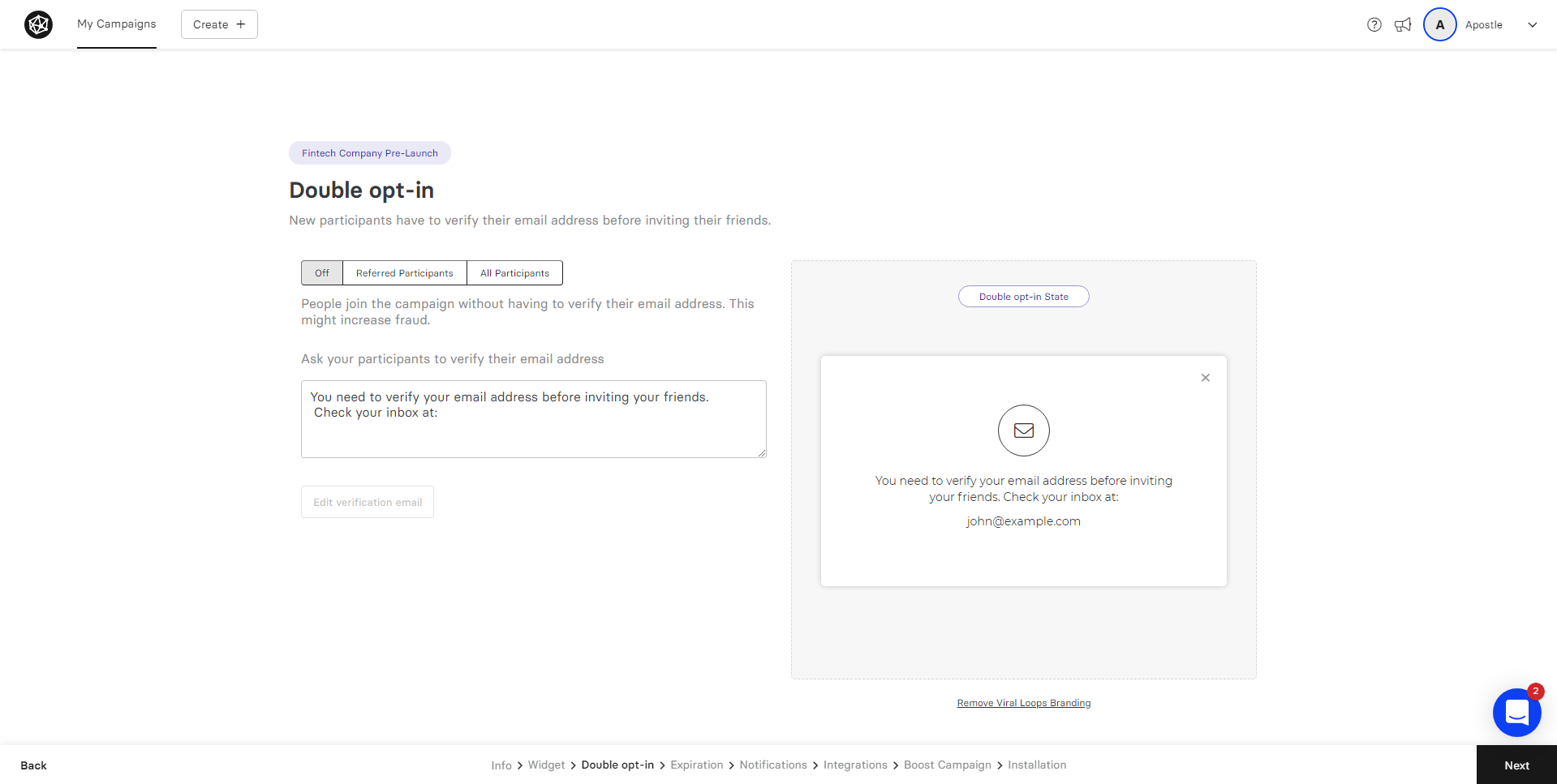 Viral Loops campaign double optin setup