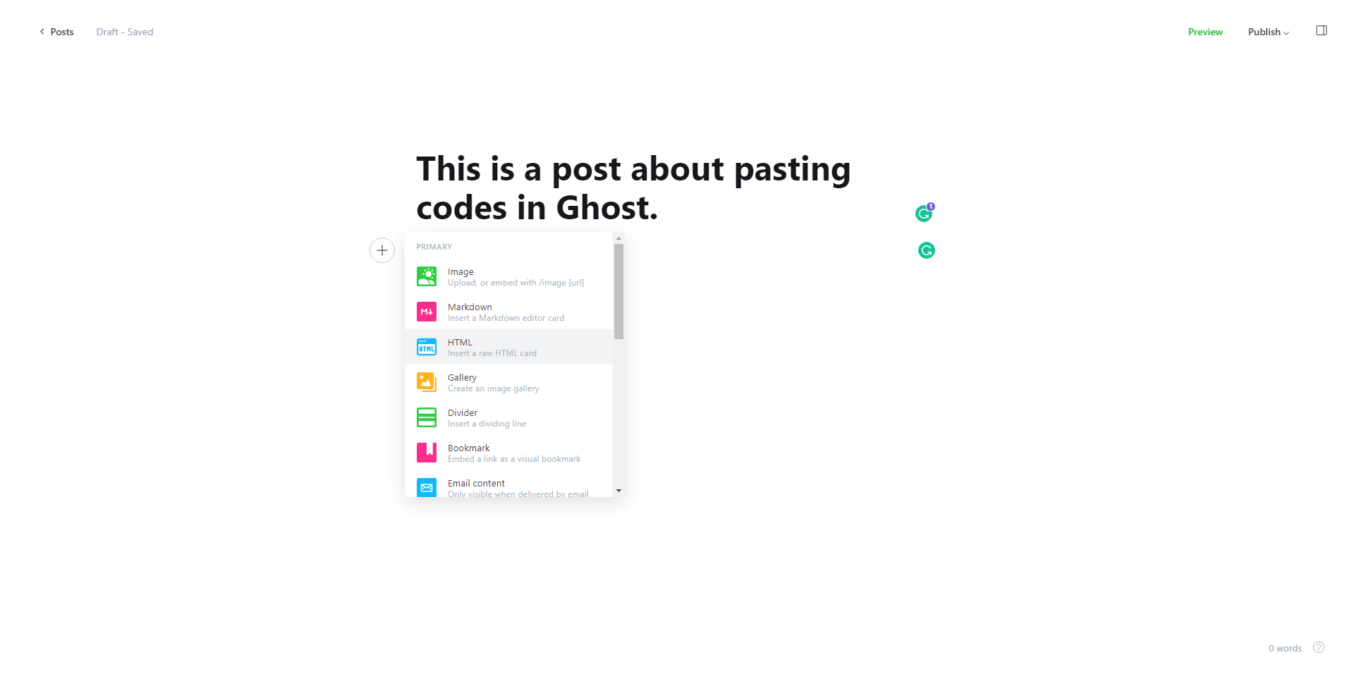 Html code in Ghost