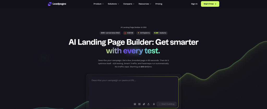 A screenshot of the Leadpages homepage.
