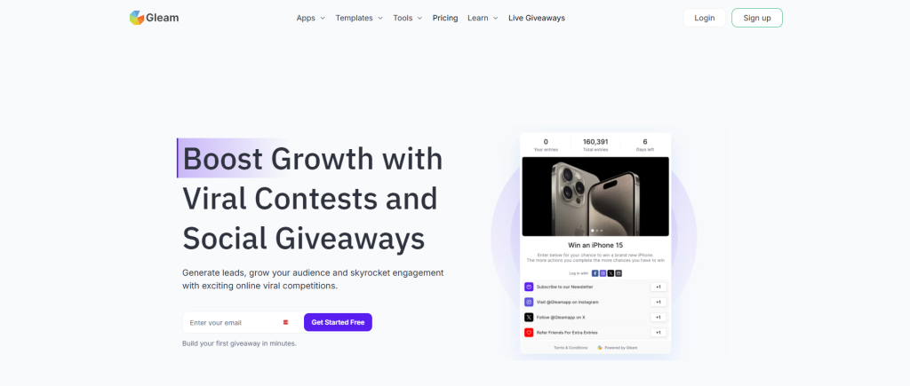 A screenshot of the Gleam.io homepage.