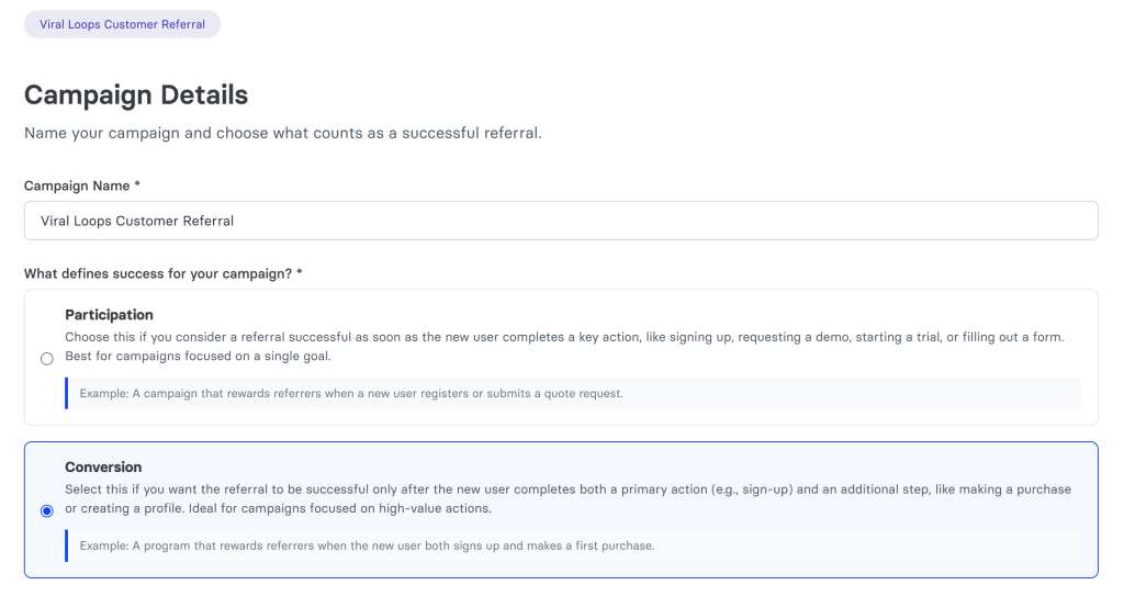 A product screenshot of the Viral Loops referral program software.