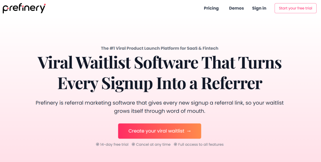 A screenshot of the Prefinery homepage.