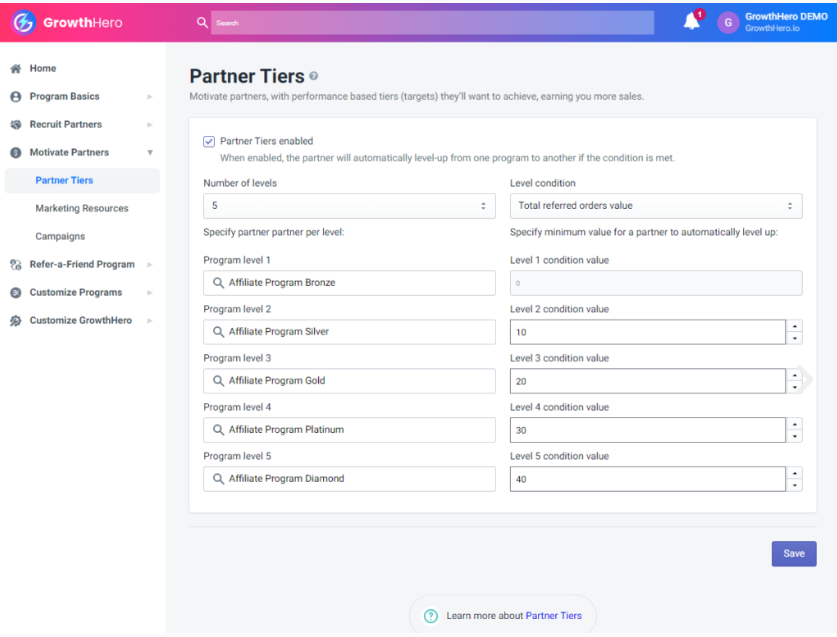 A screenshot of the GrowthHero product.
