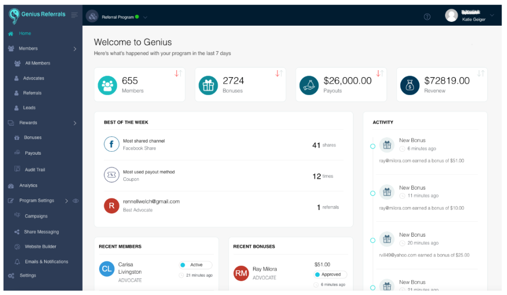 A screenshot of the Genius Referrals product.
