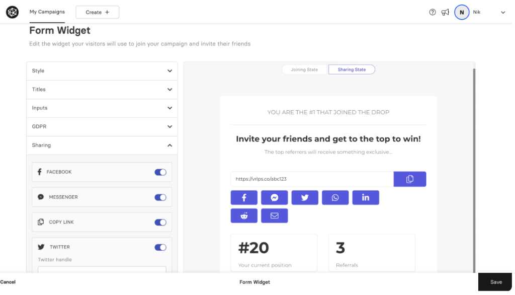 A screenshot of the Viral Loops product
